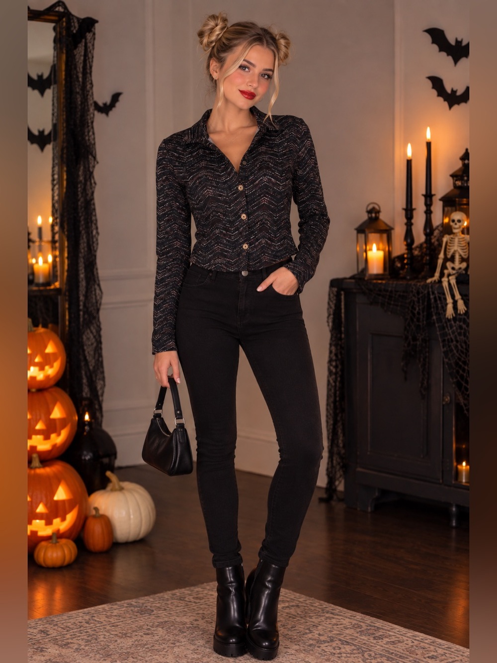 Women’s Black Chevron Button-Up Long Sleeve Blouse/ jeans 👖 Halloween 👻